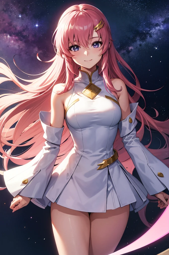 (masterpiece:1.3), (best quality:1.1), (8k, ultra detailed, ultra high res:1.2), ((anime style)), perfect 5 fingers, perfect anatomy, 
1girl,
BREAK long hair, 
pink hair, 
purple eyes,  
white cloth, white skirt, detached sleeves, shoulder hole tops, 
looking at viewer, smile, standing, 
(cowboy shot1.5), 
perfect light, 
(detailed background:1.2), space, sun, star, moon, the cosmos, galaxy, 