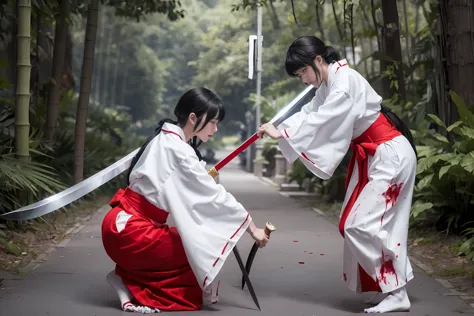 (highest quality, masterpiece, High resolution, Female samurai and female samurai kill each other in the bamboo forest), ((sweat...