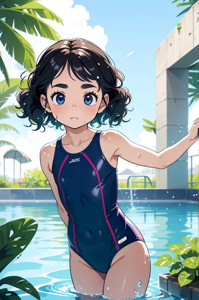 masterpiece，Highest quality，Cute doodles，Hilarious, Honor student, ，Low length，Curly Hair, Twin tail hair，Vibrant, inquisitive eyes，freckles，Thick eyebrows，Open Fly，Swim in a simple pool in your garden，Jojo Fashion，Water gun，Wet body，たくさんのsplash，Water Drop，enjoy playing in the water，splash, Sheer one-piece swimsuit for children,