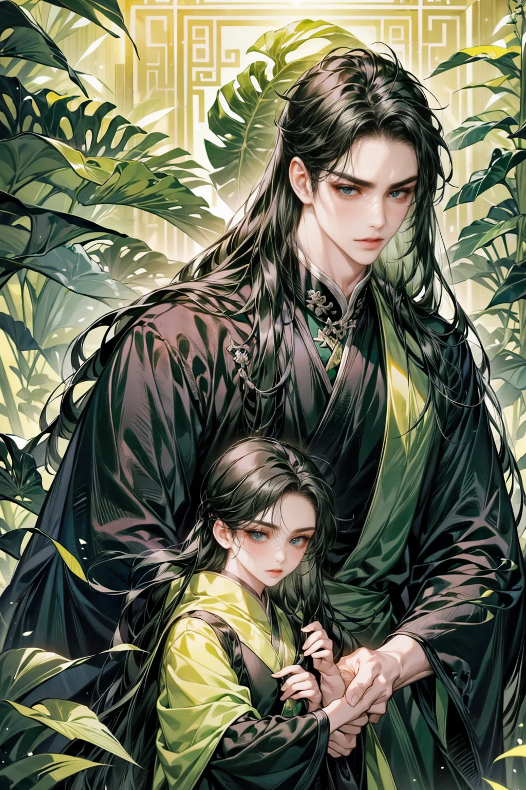 1 boy holds a Ogi Fan in his hand, long black hair，black hair, thick hair, (((thick black long hair,green dress)))，alone，bamboo forest,slim figures,  chinese house,（nighttime：1.2）long black hair, black eyes,Chinese style ，savant,super  detail, 