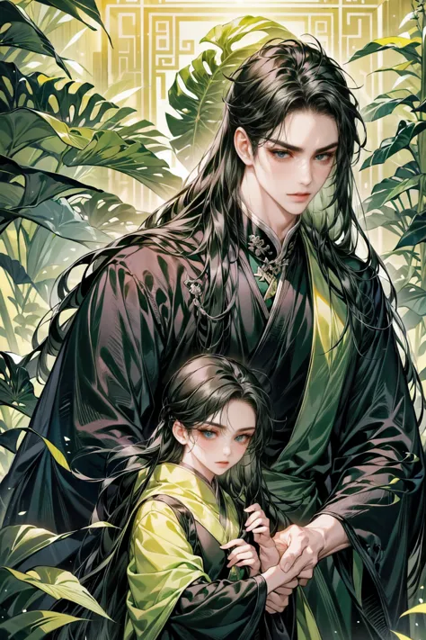 1 boy holds a Ogi Fan in his hand, long black hair，black hair, thick hair, (((thick black long hair,green dress)))，alone，bamboo ...