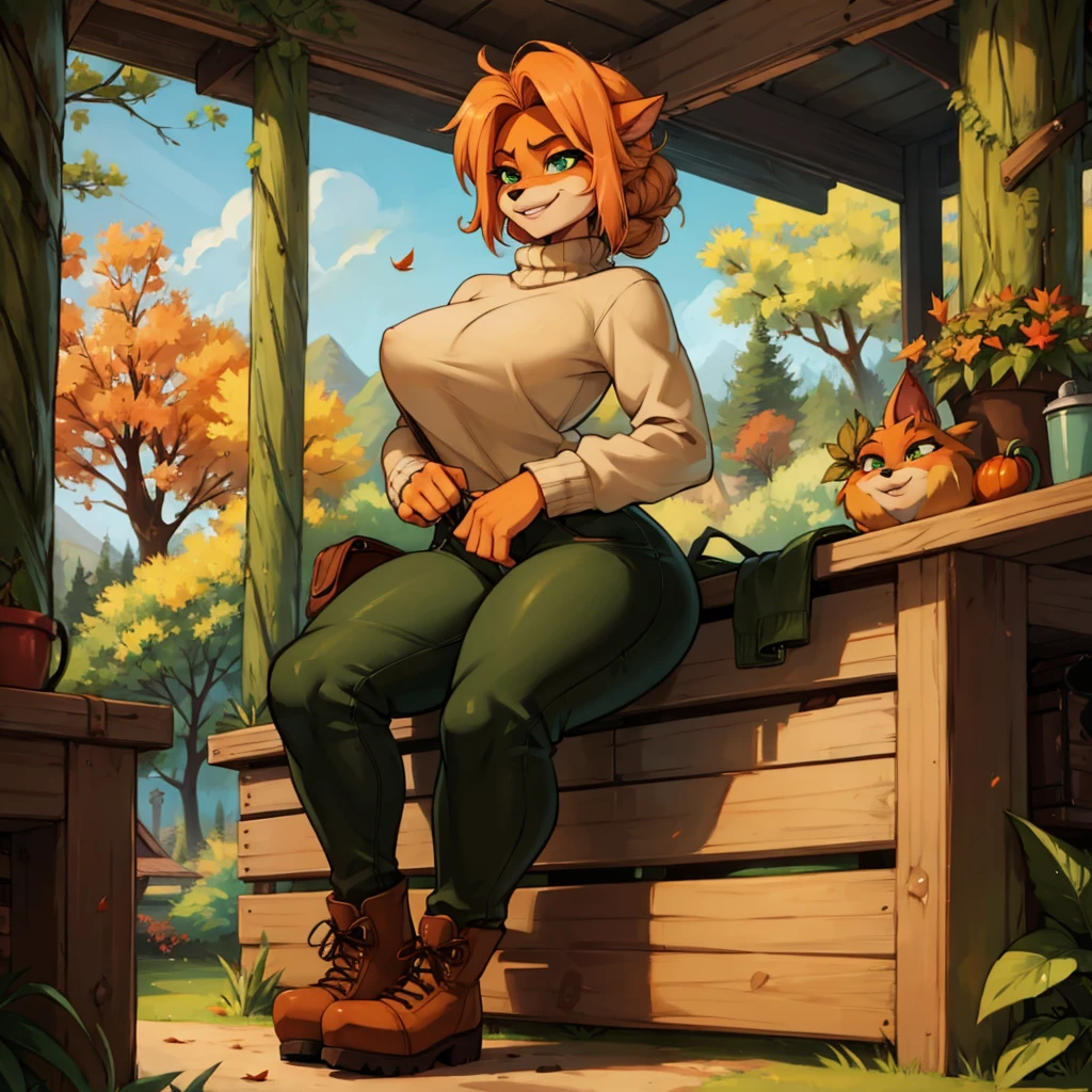  sancy anthro bandicoot chica pelirroja, pelo trenzado, hermosos ojos verdes, sexy ,seductor, Suéter cálido, , pantalones de camuflaje, botas militares, , Cozy otoño atmosphere, , El bosque, otoño , Chica con suéter, ,pantalones, botas militares, bandicoot antro peludo, seductor facial expression wide grin , manos a los pantalones,pantalones desabrochados, pose dinámica, 