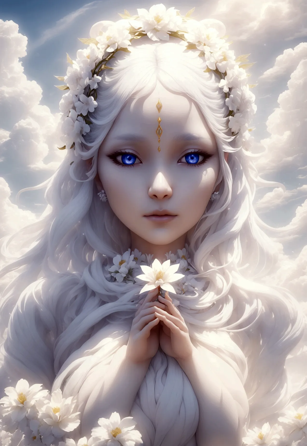 a one woman, goddess of life, known as the floating white flower, a pretty woman, background around you of clouds, curvilinear b...