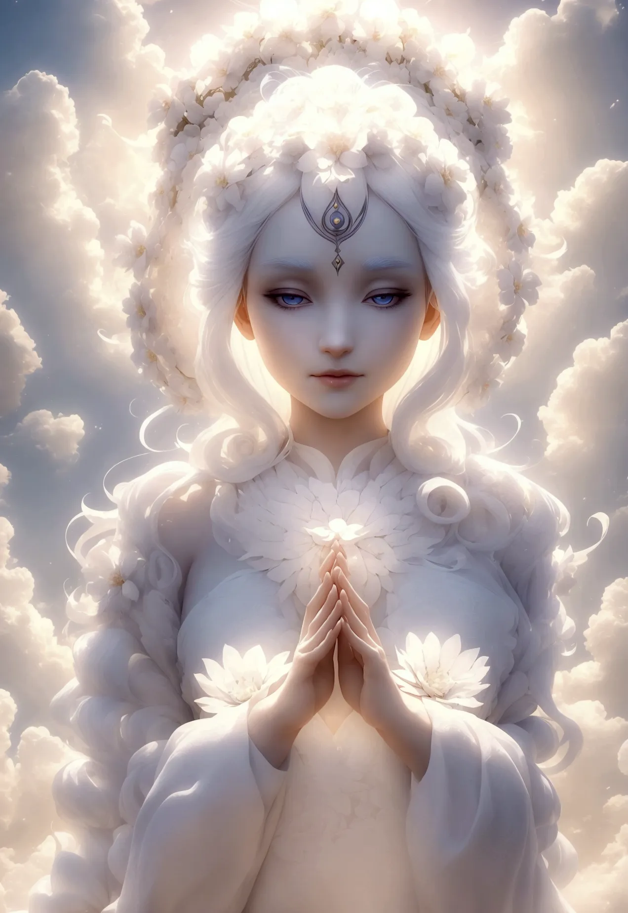 a one woman, goddess of life, known as the floating White Flower, a pretty woman, background around you of clouds, curvilinear b...