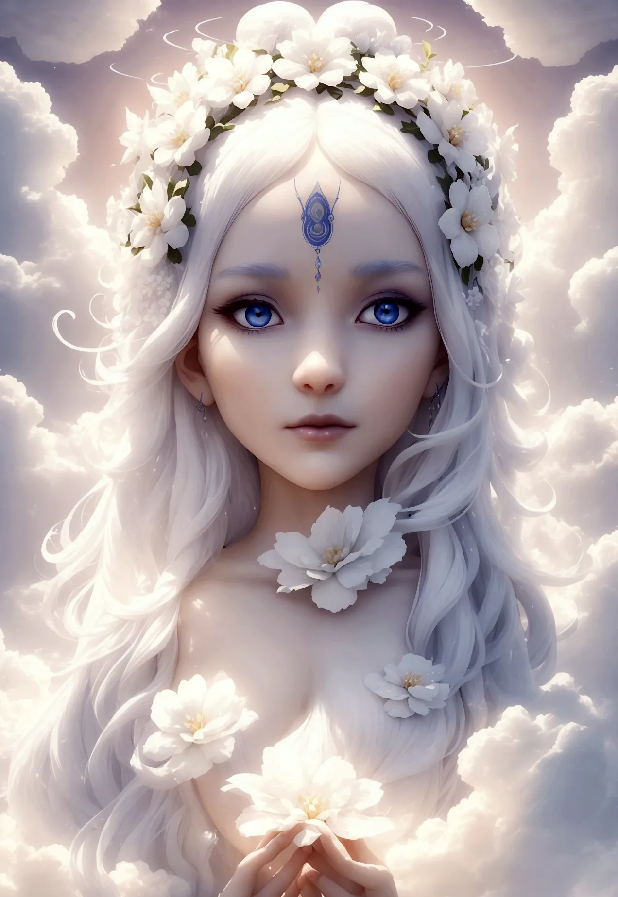 a one woman, goddess of life, known as the floating White Flower, a pretty woman, background around you of clouds, curvilinear b...