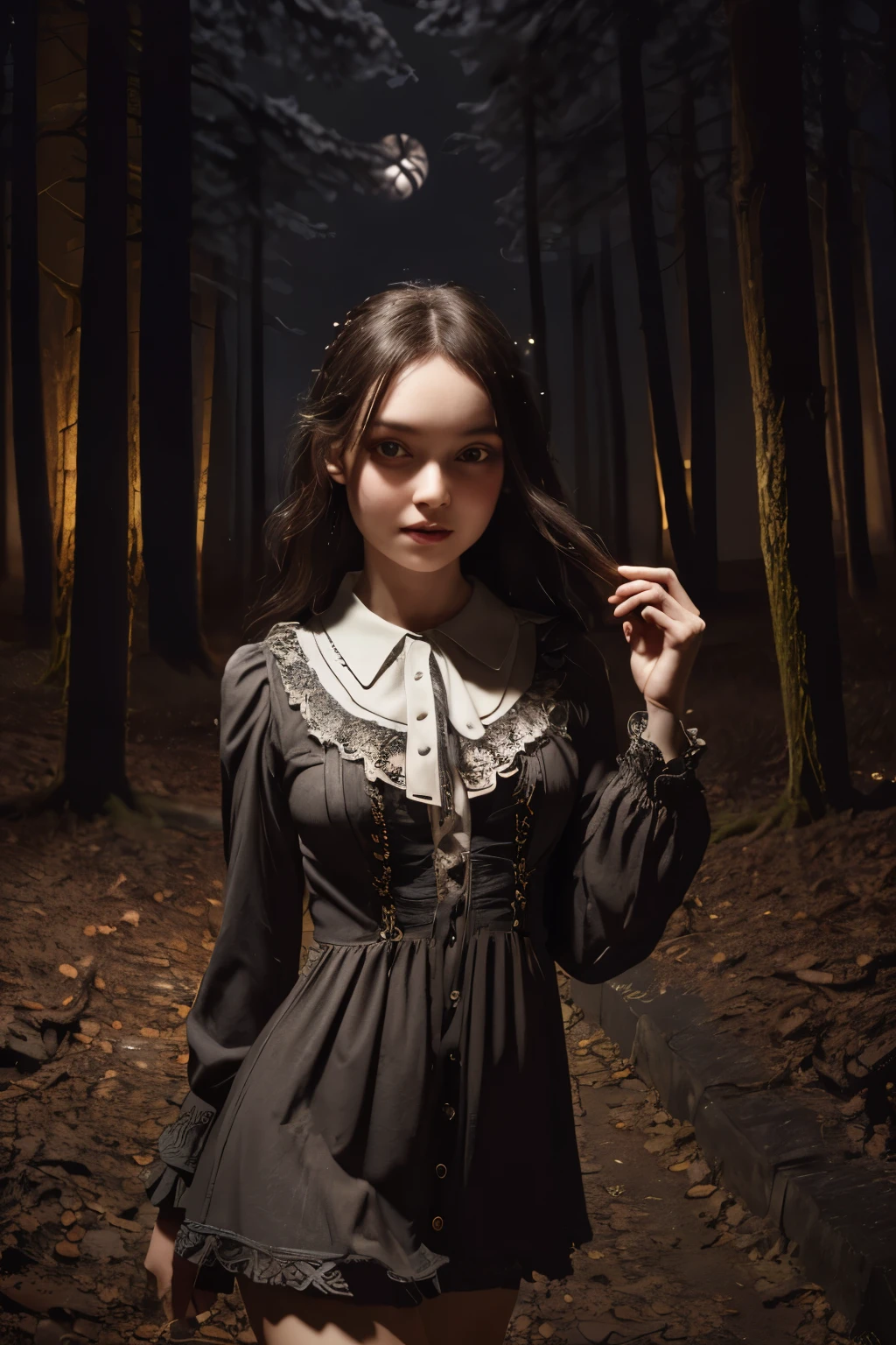 (Super detailed,ultra high resolution,detailed background)),ancient city,dark forest at night,spooky,Chill,Inspiration,1 girl,wearing a minidress、Wearing a white collared long-sleeved blouse、