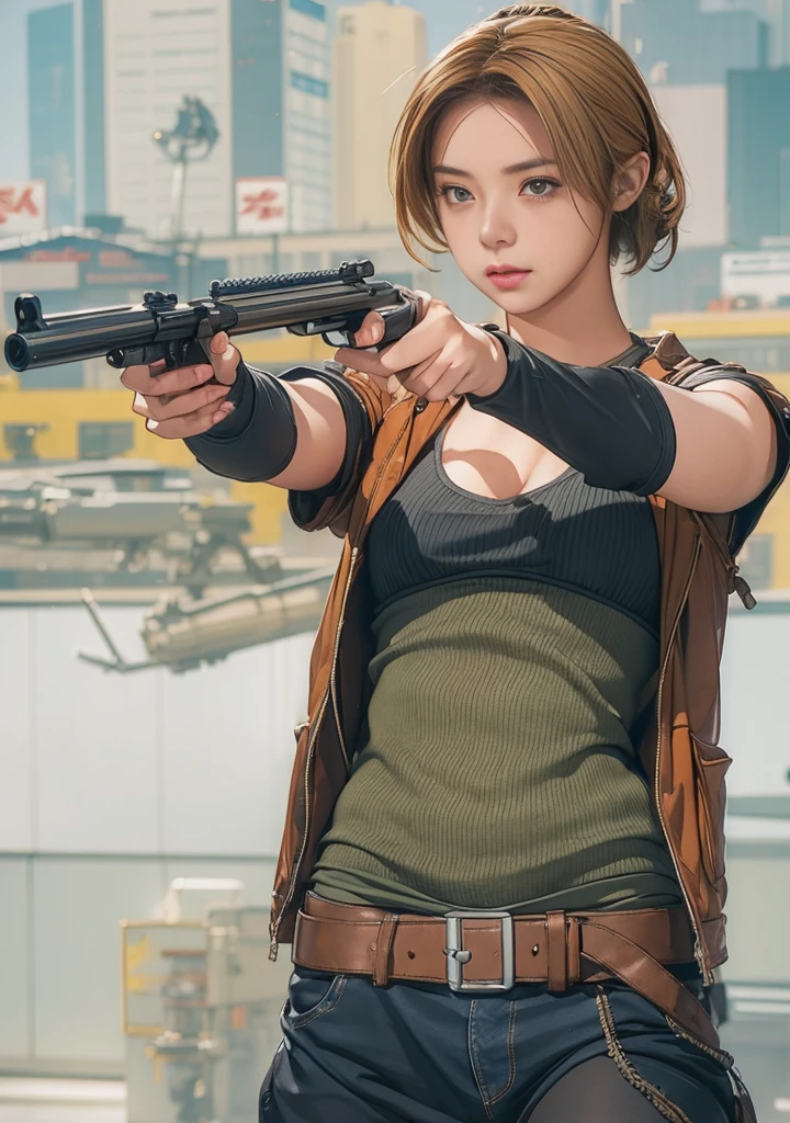 Elaizaikedareal, 1girl, solo, short hair, skirt, blonde hair, red eyes, gloves, ponytail, weapon, pantyhose, hairband, boots, holding weapon, gun, black pantyhose, rifle, one knee, sniper rifle, scope, shell casing