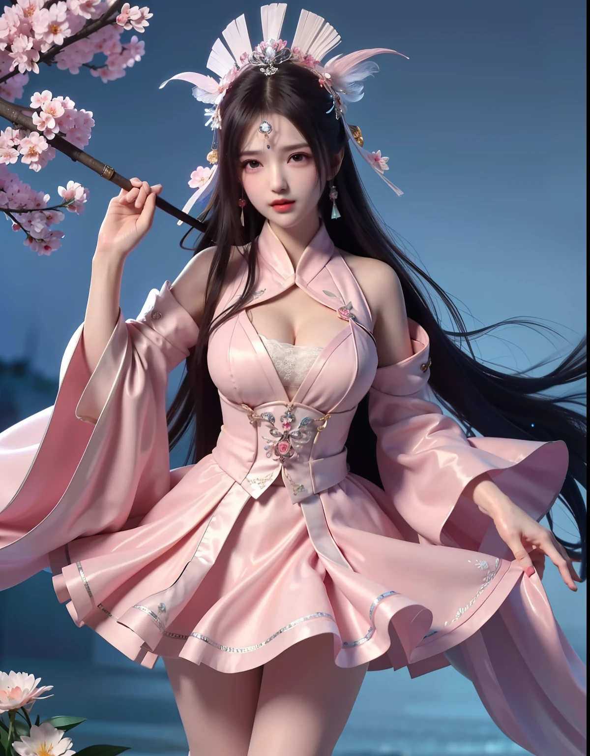 (8k, RAW photo:1.2), best quality, ultra high res,dramatic angle,(fluttered detailed color splashs), (illustration),(((1 girl))),(long hair),(rain:0.9), (Headdress:1.4),There is an ancient palace beside the girl,Hanfu,(Key Points),Color ink painting,(Splash of Color),Splash of Color,(((colorful))),(sketch:0.8) , Masterpiece, best quality, beautiful painted, highly detailed,(denoising:0.6),[splash ink],((ink refraction)), (beautiful detailed sky),moon,highly,detaild,(masterpiece, best quality, extremely detailed） CG Unity 8k Wallpaper，masterpiece，best quality，Ultra Detailed），（Lycoris）.shoulder ballet dress open V-chested clothes Thin silk lace dress short skirt , (huge ，cleavage),, white pink, blue ，best qualtiy，tmasterpiece，Ultra-high resolution，（Reality：1.4），RAW photogr，（True skin texture：1.3），（filmgrain：1.3），（Selfie angle），1个Giant Breast Girl，Beautiful eye and face details，tmasterpiece，Best quality at best，，The chest more exposed， detailed hair, bra pink , detail 8k, full body, lace petticoat, fan handle