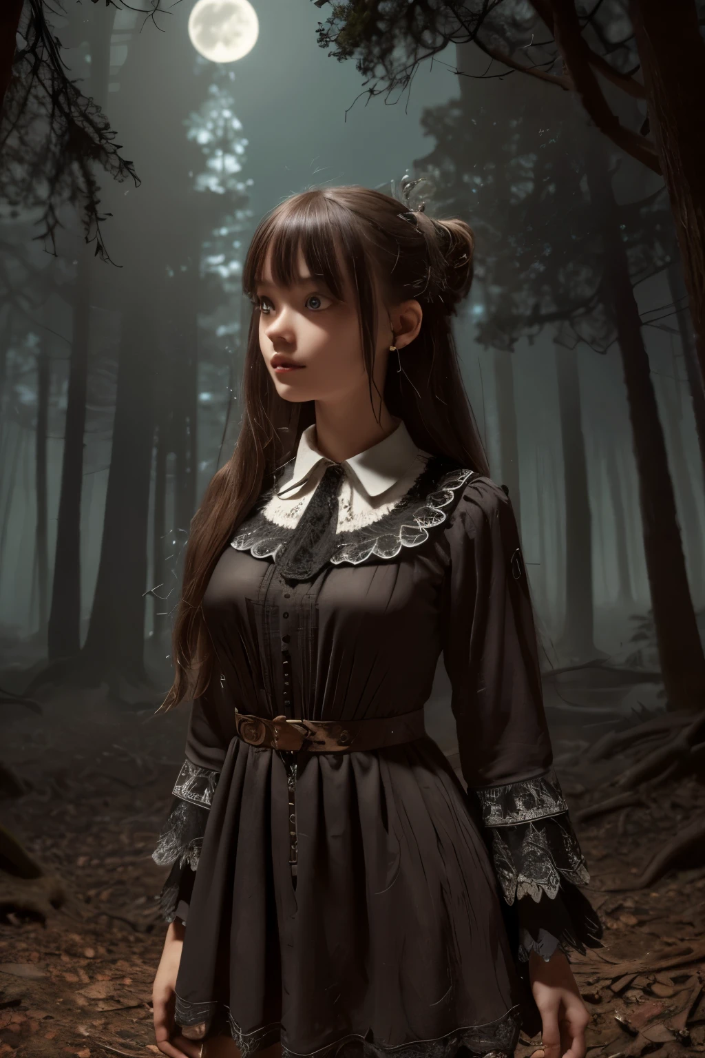 (Super detailed,ultra high resolution,detailed background)),ancient city,dark forest at night,spooky,Chill,Inspiration,1 girl,wearing a minidress、Wearing a white collared long-sleeved blouse、