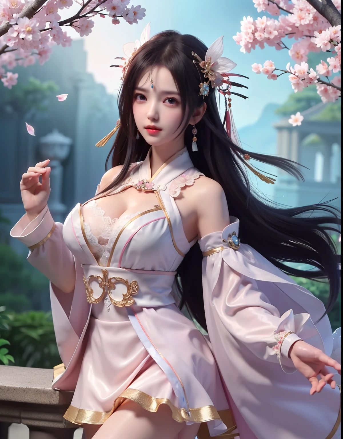 (8k, RAW photo:1.2), best quality, ultra high res,dramatic angle,(fluttered detailed color splashs), (illustration),(((1 girl))),(long hair),(rain:0.9), (Headdress:1.4),There is an ancient palace beside the girl,Hanfu,(Key Points),Color ink painting,(Splash of Color),Splash of Color,(((colorful))),(sketch:0.8) , Masterpiece, best quality, beautiful painted, highly detailed,(denoising:0.6),[splash ink],((ink refraction)), (beautiful detailed sky),moon,highly,detaild,(masterpiece, best quality, extremely detailed） CG Unity 8k Wallpaper，masterpiece，best quality，Ultra Detailed），（Lycoris）.shoulder ballet dress open V-chested clothes Thin silk lace dress short skirt , (huge ，cleavage),, white pink, blue ，best qualtiy，tmasterpiece，Ultra-high resolution，（Reality：1.4），RAW photogr，（True skin texture：1.3），（filmgrain：1.3），（Selfie angle），1个Giant Breast Girl，Beautiful eye and face details，tmasterpiece，Best quality at best，，The chest more exposed， detailed hair, bra pink , detail 8k, full body, lace petticoat, fan handle