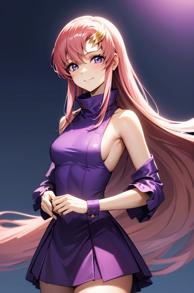 (masterpiece:1.3), (best quality:1.1), (8k, ultra detailed, ultra high res:1.2), ((anime style)), perfect 5 fingers, perfect anatomy, 
1girl,
BREAK long hair, 
pink hair, 
purple eyes,  
Turtle Neck, purple skirt, detached sleeves, shoulder hole tops, 
looking at viewer, smile, standing, 
(cowboy shot1.5), 
perfect light, 
(detailed background:1.2), space, sun, star, moon, the cosmos, galaxy, 