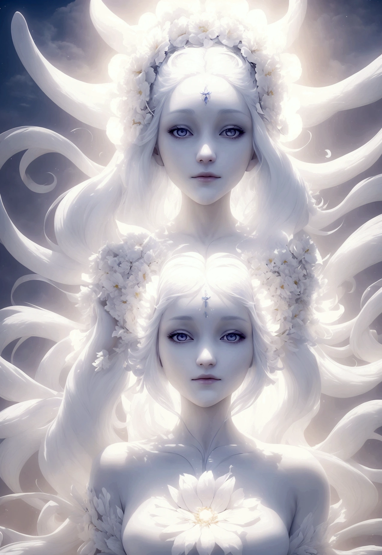 a one woman, adult, known as the floating White Flower, a pretty woman, curvilinear body, white  hair, halo of light on the head, with hands over face pointing disapproval, Another quality, 8K, maximum quality, whole body, looking to the down, goddess of life, background around you of clouds,