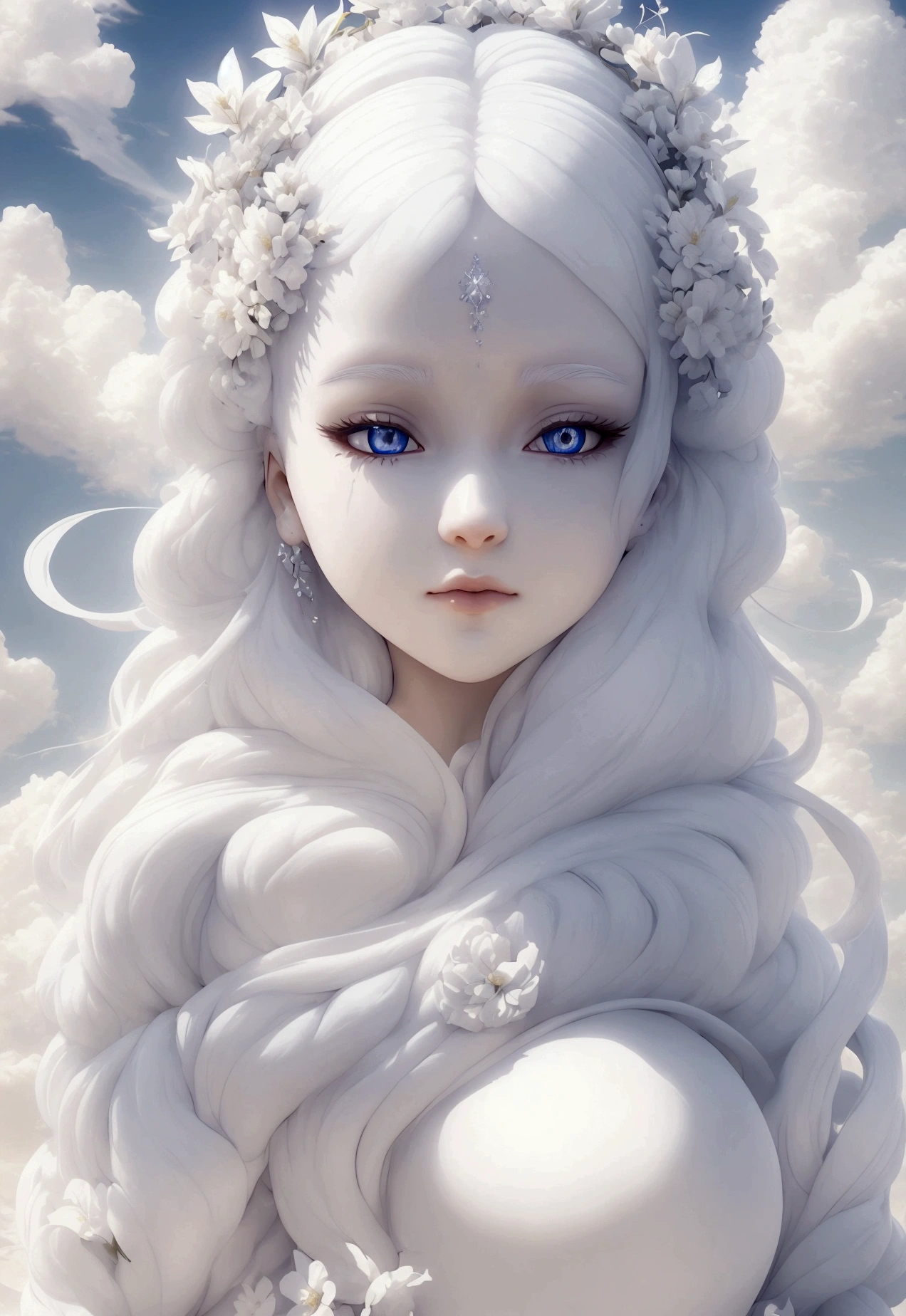 a one woman, adult, known as the floating White Flower, a pretty woman, curvilinear body, white  hair, halo of light on the head, with hands over face pointing disapproval, Another quality, 8K, maximum quality, whole body, looking to the down, goddess of life, background around you of clouds,