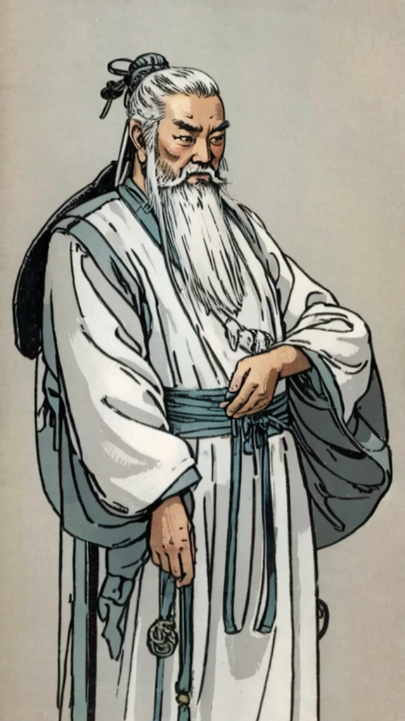 Oriental、Old man in plain white ancient Chinese costume、Ancient Chinese hairstyle old man、Highest quality、masterpiece、Ultra-high resolution、(Realistic:1.4)、Game Poster、Crisp and beautiful image quality、Gray Hair、white and long beard,,(whole body)