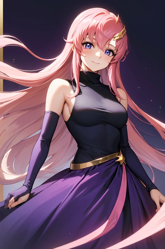 (masterpiece:1.3), (best quality:1.1), (8k, ultra detailed, ultra high res:1.2), ((anime style)), perfect 5 fingers, perfect anatomy, 
1girl,
BREAK long hair, 
pink hair, 
purple eyes,  
Turtle Neck, purple skirt, detached sleeves, shoulder hole tops, 
looking at viewer, smile, standing, 
(cowboy shot1.5), 
perfect light, 
(detailed background:1.2), space, sun, star, moon, the cosmos, galaxy, 