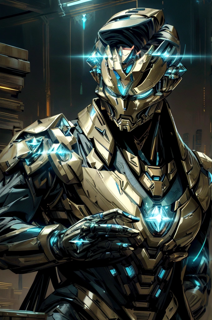 《create》and《Iron Man》combination of, Tron Legacy, Fighting Stance, Clear images, Intricate details, close up, battle scars, Blue and crystal solid metallic theme, simulated world