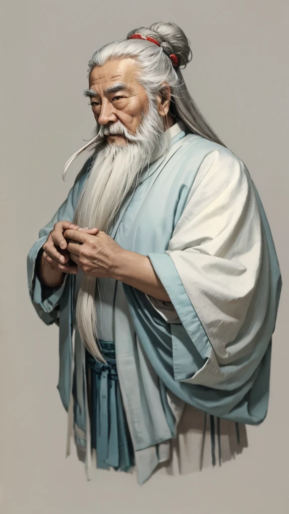 Oriental、Old man in plain white ancient Chinese costume、Ancient Chinese hairstyle old man、Highest quality、masterpiece、Ultra-high resolution、(Realistic:1.4)、Game Poster、Crisp and beautiful image quality、Gray Hair、white and long beard,,(whole body)