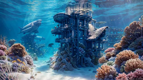 A fantastical and serene deep-sea city. Viewed from the ocean floor looking up towards the water surface. The city is very large...
