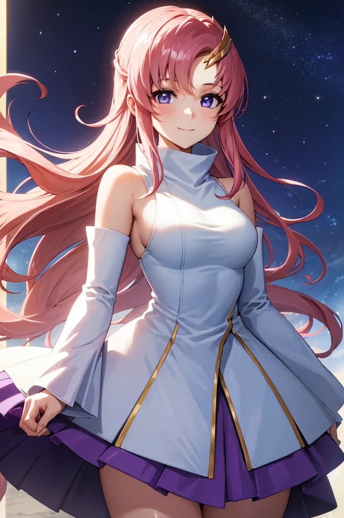 (masterpiece:1.3), (best quality:1.1), (8k, ultra detailed, ultra high res:1.2), ((anime style)), perfect 5 fingers, perfect anatomy, 
1girl,
BREAK long hair, wavy hair, pink hair, purple eyes,  
BREAK(white Turtle Neck, purple skirt, detached sleeves, shoulder hole tops), 
BREAK looking at viewer, smile, standing, 
(cowboy shot1.2), 
perfect light, 
(detailed background:1.2), outdoor, outside, space, sun, star, moon, the cosmos, galaxy, 