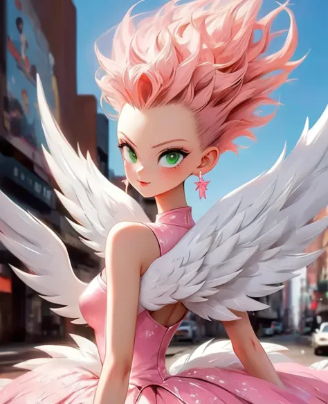 dark atmosphere dark anime HARLEQUINA + Vegeta girl sexy angels bright white wings big tits spiky mohawk hair dress V-cuts walki...