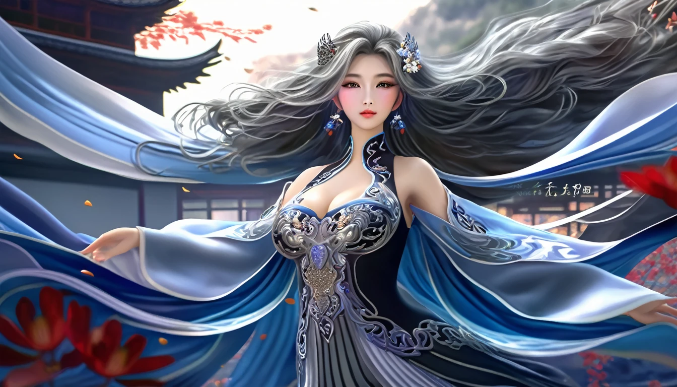 Woman in transparent dress,Viewer,(((Full breasts, Keeley University))),Slim waist,(Navel exposed,Bare waist), Long hair, extreme detailed details, Detailed fantasy art, Stunning character art, Beautiful and exquisite character art, Beautiful transparent dress, Very detailed, Girl wearing flowing Hanfu, Exquisite headpieces and jewellery,Crystal jewelry filigree, galaxy, Stunning visuals, (Dynamic Stripes, light rail:1.2), Vibrant colors,Long hair动漫女孩和狐狸, 美丽的白金色Angel女士, 白毛Angel, Beautiful character painting, Beautiful anime portrait, Angel翅膀的女孩, a beautiful Angel woman, Mystical artwork, Guweiz, by Ren Renfa, Angel, Large Breasts，Full breasts，Golden ratio figure，Perfect body，Ultra wide-angle shooting，Full body shot，Body close-up，Full body shot，Wearing a pleated tulle skirt，Soft anime illustration, Soft dark background，Fujifilm XT3 Clear focus, f 5.6, High Detail, Clear focus, Dramatic, (Wearing openwork clothing), (Looking at the audience:1.8), (Natural light), (Tempting)translucent, Good velvet quality, Compared, Divine Light,, Silver gray hair, Sky background, Absolute Strength,女性Angel，Girl in sexy silk,，Large Breasts，Full breasts，Golden ratio figure，Perfect body，Ultra wide-angle shooting，Full body shot，Body close-up，Full body shot， Wearing a tulle dress, Model shooting style, Large Breasts，Full breasts，Golden ratio figure，Perfect body，(Extremely detailed CG 8k wallpaper unit), The most beautiful artistic photos in the world, , 8K Ultra HD, ) On the big white bed，Lazy gesture，Charming and seductive expression，best quality,masterpiece,Ultra-high resolution,(Practical:1.4),original photo,Ultra-high resolution，White skin，Exquisite makeup，Long legs，Bright beautiful eyes，用深色眼影打造Exquisite makeup，