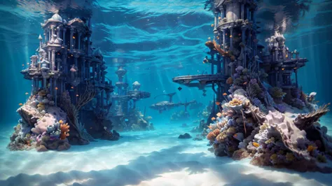 A fantastical and serene deep-sea city. Viewed from the ocean floor looking up towards the water surface. The city is very large...