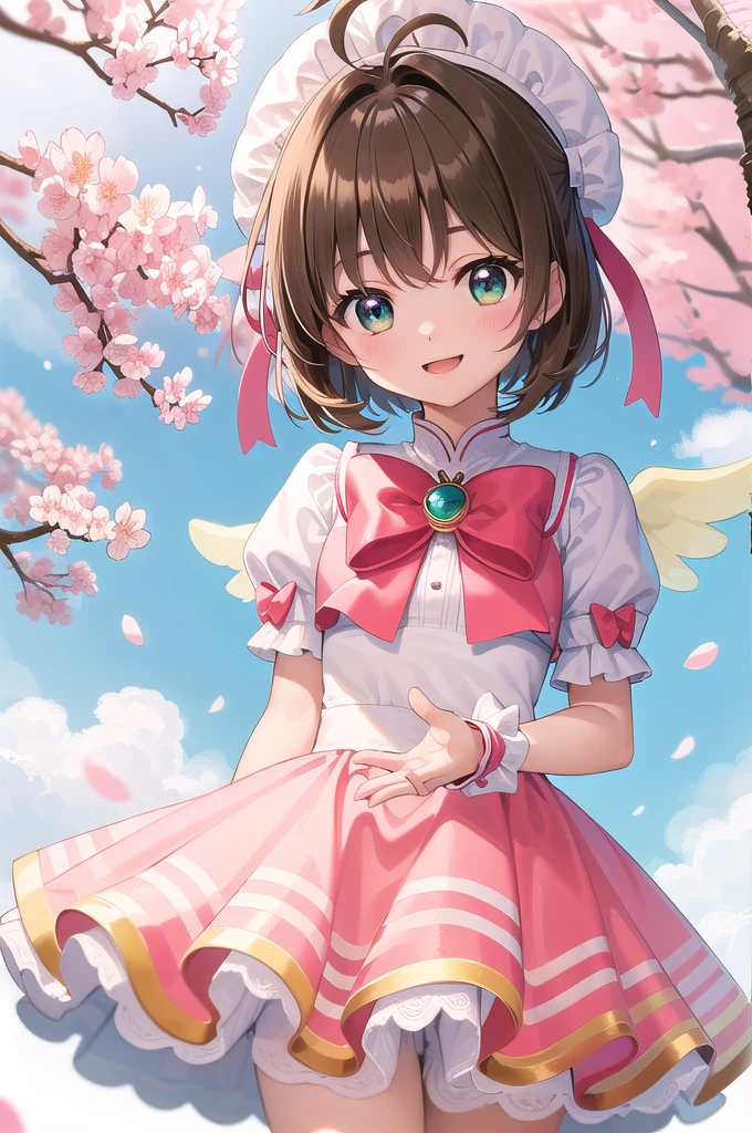 (masterpiece, Highest quality, detailed:1.3),(photograph:1.3), HD transparent background, High Detail, 1 Girl,pretty girl、cute、View your viewers、Cardcaptor_cherry blossoms、10 years old、young、Outdoor、cherry blossoms、wing、wing、白いwing、Pink and white dress、smile、dance、candy magic , Dazzling brightness, Vibrant , sweet aura, cream stream,Shiny Hair ,