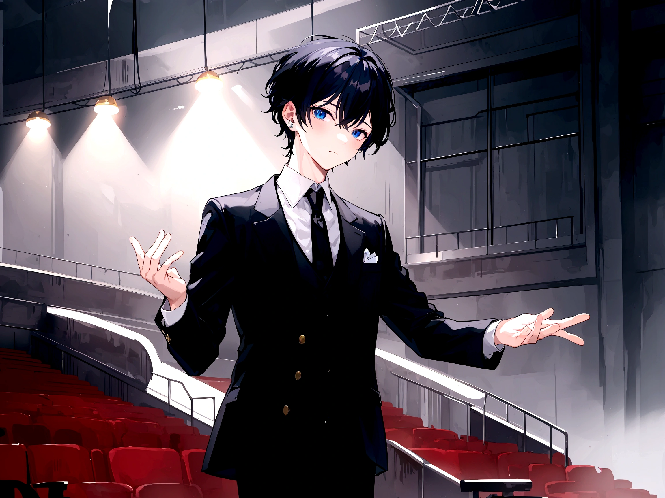 Anime figure in suit and tie standing in front of a stage, pretty anime pose, Big anime guy with blue eyes, Anime moe art style, in a strict suit, He's wearing a suit, Young Anime Man, inspired by Okumura Masanobu, inspired by Okumura Togyu, Anime handsome man, handsome guy in demon slayer art, Treble clef as earring