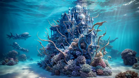 A fantastical and serene deep-sea city. Viewed from the ocean floor looking up towards the water surface. The city is very large...