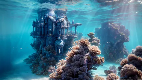 A fantastical and serene deep-sea city. Viewed from the ocean floor looking up towards the water surface. The city is very large...