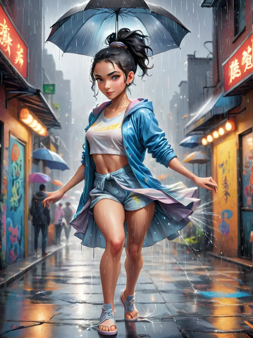 Cartoon illustration，Vector illustration，A girl full of energy，Showing off her breakdancing skills on a graffiti-covered urban dance floor，((beautiful eyes))，((Perfect and refined limbs))，She was barefoot，Loose and comfortable clothes，Perfect for dancing，Her black hair was tied into a high ponytail.，One hand rotation，Spin your feet in the air，(heavy rain:1.5)，(The scene is filled with cold rain)，The audience was impressed，She performed a complex move with ease.，The energy she captures is palpable，The air is filled with the rhythm of street music，(masterpiece，Best quality:1.2)，lifelike，Reality，Dreamy Light，Intricate detail，Ultra Detailed，detail，High contrast，Beautiful and delicate Light，Bright，More details，Fine HairLight，very fine 8K CG wallpaper，Depth of Field，Abuse of color difference，Soft colors，Very delicate Light line，眩Light，Light，Light Particles，reflection