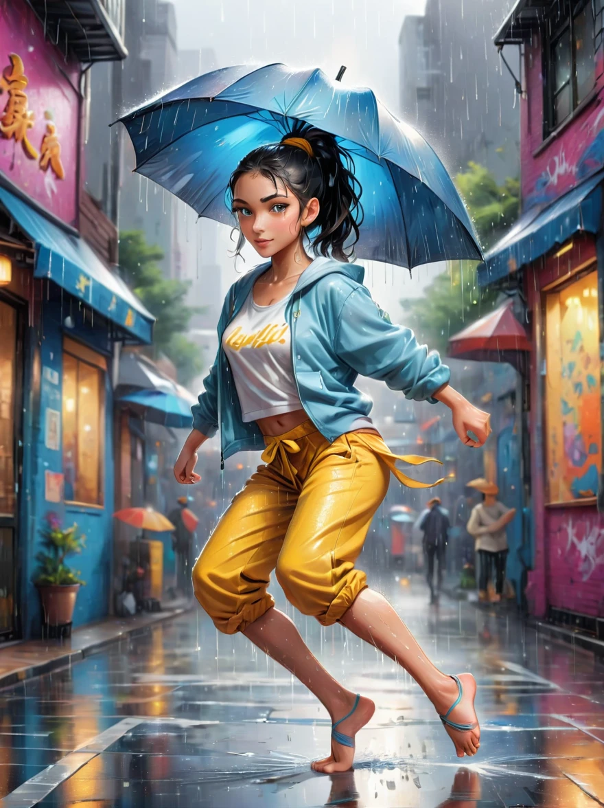 illustration de bande dessinée，Illustration vectorielle，Une fille pleine d&#39;énergie，Montrer ses talents de breakdance sur une piste de danse urbaine couverte de graffitis，((Beaux yeux))，((Des membres parfaits et raffinés))，Elle était pieds nus，Des vêtements amples et confortables，Parfait pour danser，Ses cheveux noirs étaient attachés en une queue de cheval haute.，Rotation à une main，Faites tourner vos pieds en l&#39;air，(forte pluie:1.5)，(La scène est remplie de pluie froide)，Le public a été impressionné，Elle a effectué un mouvement complexe avec facilité.，L&#39;énergie qu&#39;elle capte est palpable，L&#39;air est rempli du rythme de la musique de rue，(chef-d&#39;œuvre，Meilleure qualité:1.2)，réaliste，réalité，梦幻般的Lumière芒，错综复杂的détail，ultra détaillé，détail，Contraste élevé，美丽细致的Lumière芒，brillant，更多détail，精细发Lumière，très beau fond d&#39;écran 8K CG，profondeur de champ，Abus de différence de couleur，couleurs douces，非常精致的Lumière线，眩Lumière，Lumière，Lumière粒子，réflexion