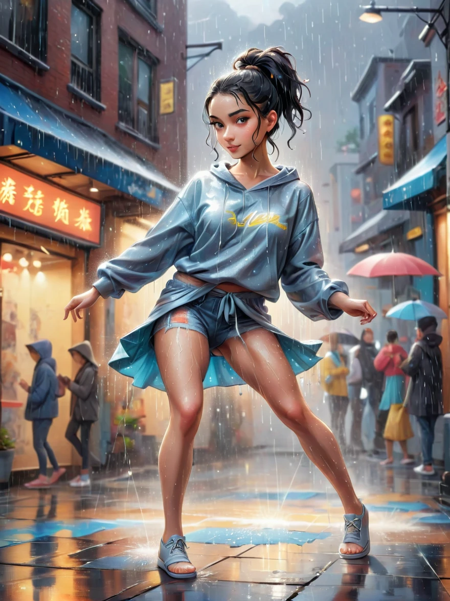 illustration de bande dessinée，Illustration vectorielle，Une fille pleine d&#39;énergie，Montrer ses talents de breakdance sur une piste de danse urbaine couverte de graffitis，((Beaux yeux))，((Des membres parfaits et raffinés))，Elle était pieds nus，Des vêtements amples et confortables，Parfait pour danser，Ses cheveux noirs étaient attachés en une queue de cheval haute.，Rotation à une main，Faites tourner vos pieds en l&#39;air，(forte pluie:1.5)，(La scène est remplie de pluie froide)，Le public a été impressionné，Elle a effectué un mouvement complexe avec facilité.，L&#39;énergie qu&#39;elle capte est palpable，L&#39;air est rempli du rythme de la musique de rue，(chef-d&#39;œuvre，Meilleure qualité:1.2)，réaliste，réalité，梦幻般的Lumière芒，错综复杂的détail，ultra détaillé，détail，Contraste élevé，美丽细致的Lumière芒，brillant，更多détail，精细发Lumière，très beau fond d&#39;écran 8K CG，profondeur de champ，Abus de différence de couleur，couleurs douces，非常精致的Lumière线，眩Lumière，Lumière，Lumière粒子，réflexion