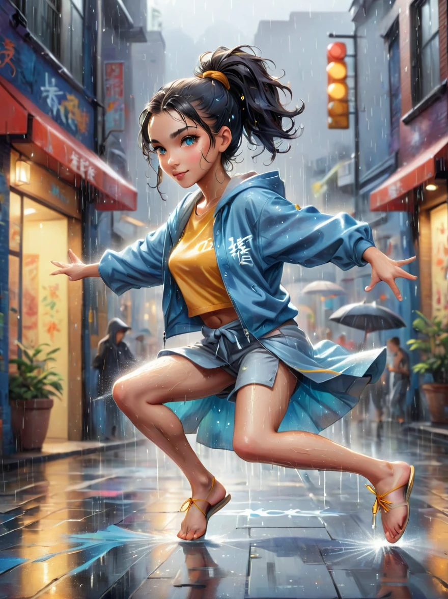 illustration de bande dessinée，Illustration vectorielle，Une fille pleine d&#39;énergie，Montrer ses talents de breakdance sur une piste de danse urbaine couverte de graffitis，((Beaux yeux))，((Des membres parfaits et raffinés))，Elle était pieds nus，Des vêtements amples et confortables，Parfait pour danser，Ses cheveux noirs étaient attachés en une queue de cheval haute.，Rotation à une main，Faites tourner vos pieds en l&#39;air，(forte pluie:1.5)，(La scène est remplie de pluie froide)，Le public a été impressionné，Elle a effectué un mouvement complexe avec facilité.，L&#39;énergie qu&#39;elle capte est palpable，L&#39;air est rempli du rythme de la musique de rue，(chef-d&#39;œuvre，Meilleure qualité:1.2)，réaliste，réalité，梦幻般的Lumière芒，错综复杂的détail，ultra détaillé，détail，Contraste élevé，美丽细致的Lumière芒，brillant，更多détail，精细发Lumière，très beau fond d&#39;écran 8K CG，profondeur de champ，Abus de différence de couleur，couleurs douces，非常精致的Lumière线，眩Lumière，Lumière，Lumière粒子，réflexion