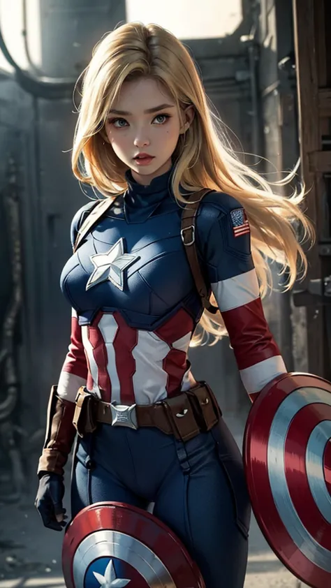 captain america、blue、woman、22 years old、woman体型、large breasts、blonde