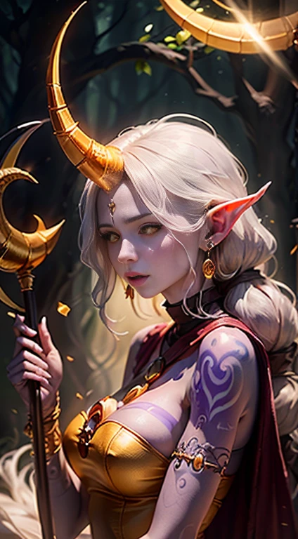 (work of art, ultra quality, high resolution, 8K, intricate: 1.2). female celestial elf, ((with just one big horn), (the horn is in the center of her forehead)), looking up, extremely (Beautiful face features,yellow  eyes:1.4) ((holds in one hand a large magic wand that ends with a large crescent moon)), his staff is made of silver and copper with fine golden decorations, fluid white and yellow transparent cloths, healing wizard, anatomical, (light purple skin, tribal tattoo:1.4), beautiful golden crescent moon earrings with sapphires, the silent forest, uncanny, Fantasyart, Donato Giancola's, Craig Mullins, domain, legendary masterstrokes
