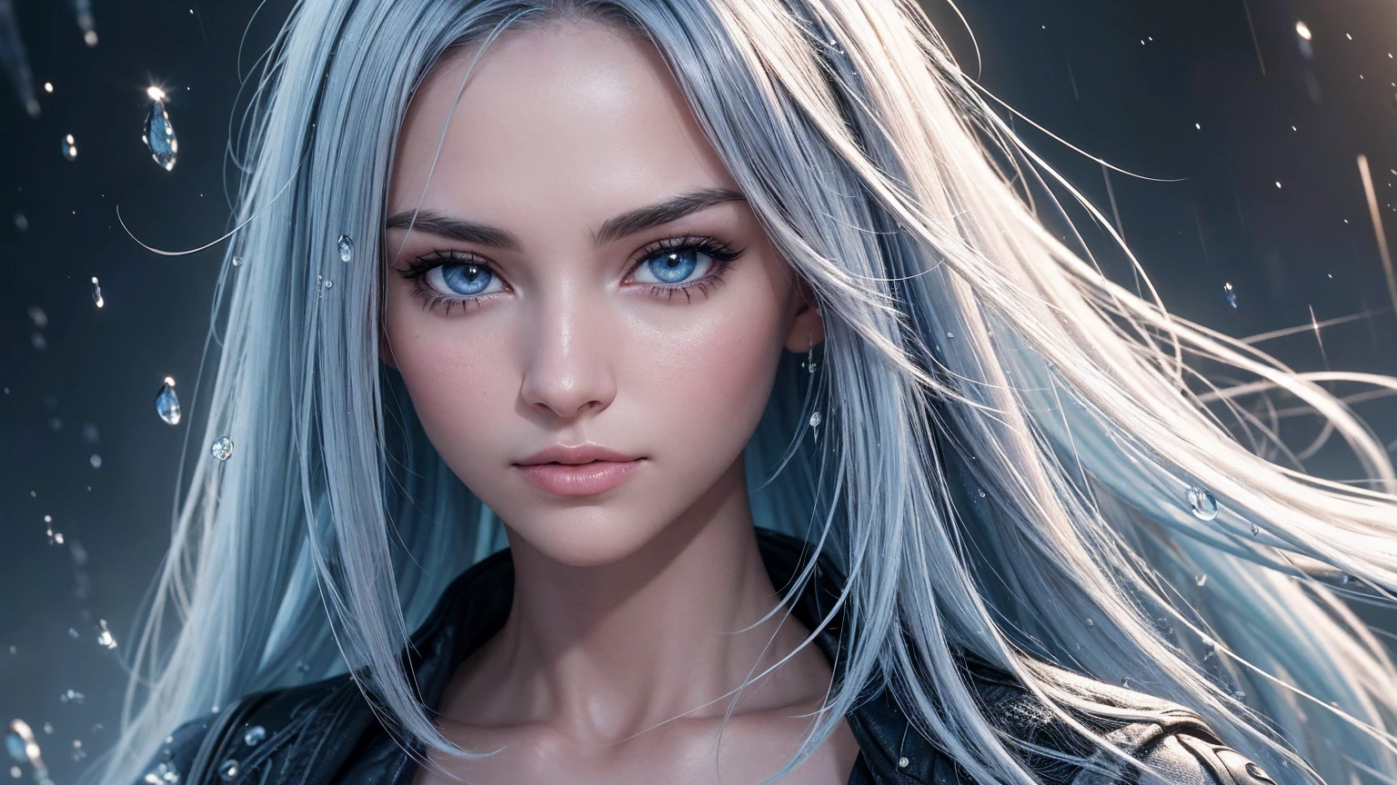 a photorealistic beautiful 2 girl looks like a Hollywood star with long blue-white hair behind her nebula is blue gray,her hair is developing in the wind,(depth of field 1.2) she has a well-drawn pupil texture,maximum detail,splashes of raindrops and they glare in the sun,Ultra realistic photo, ultra skin detail, highly detailed texture, soft light, saturation, contrast,(masterpiece),ultra full HD 4K,clear focus, noise reduction ,