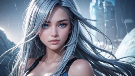 a photorealistic beautiful 25-year-old girl looks like a Hollywood star with long blue-white hair behind her nebula is blue gray...