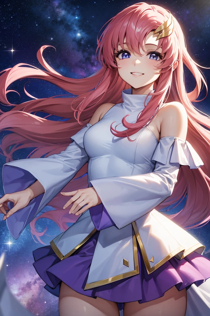 (masterpiece:1.3), (best quality:1.1), (8k, ultra detailed, ultra high res:1.2), ((anime style)), perfect 5 fingers, perfect anatomy, 
1girl,
BREAK long hair, wavy hair, pink hair, purple eyes,  
BREAK(white Turtle Neck, purple skirt, detached sleeves, shoulder hole tops), 
BREAK looking at viewer, smile, standing, 
(cowboy shot1.2), (detailed background:1.2), (outdoor, outside, space, the cosmos, galaxy:1.2), 