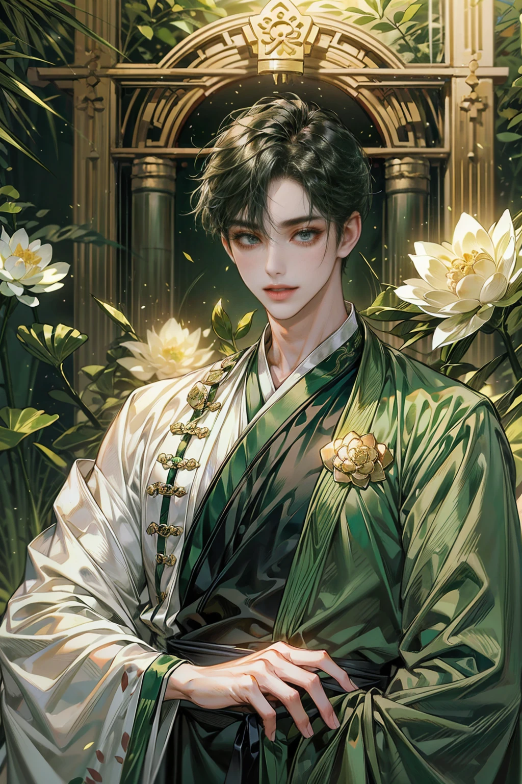 (((best quality))),masterpiece,ultra high resolution,extraordinarily beautiful youth, a bright, innocent smile,All green clothing,((boy 20 year old, green hanfu,green clothing, Chinese shirt style)) ,boy character ,((Thick black long hair)),beautiful face,detailed interior, detailed boy,((man)),(in bamboo forest), house China style, pure white lotus,beautiful and cute boy ,black eyes,((solo man)),(he has a Big eyes, charming lips, slim nose and small face),(slim figures ),hand model,