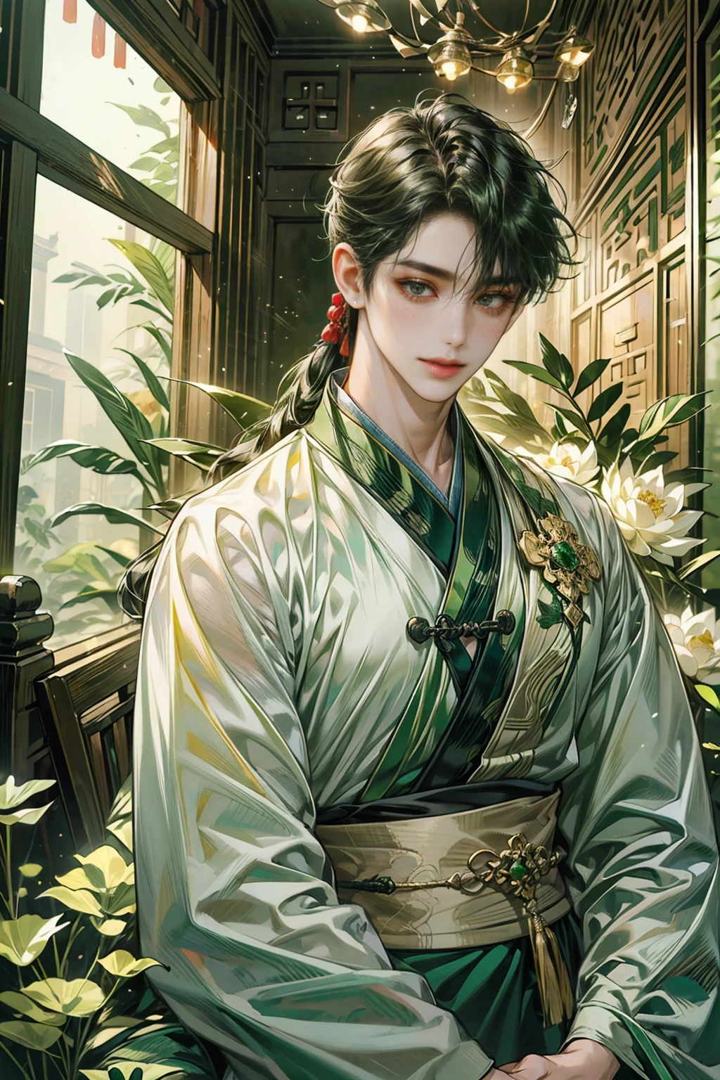 (((best quality))),masterpiece,ultra high resolution,extraordinarily beautiful youth, a bright, innocent smile,All green clothing,((boy 20 year old, green hanfu,green clothing, Chinese shirt style)) ,boy character ,((Thick black long hair)),beautiful face,detailed interior, detailed boy,((man)),(in bamboo forest), house China style, pure white lotus,beautiful and cute boy ,black eyes,((solo man)),(he has a Big eyes, charming lips, slim nose and small face),(slim figures ),hand model,