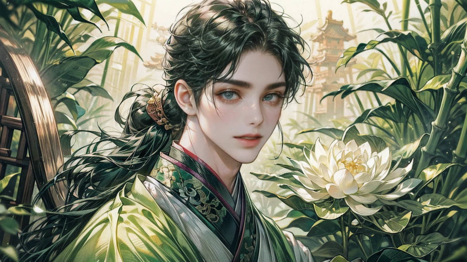 xianxia, (((best quality))),masterpiece,ultra high resolution,extraordinarily beautiful youth, a bright, villains smile,All green clothing,((boy 24 year old, green hanfu,green clothing, Chinese shirt style)) ,boy character ,((Thick black long hair)),beautiful face,detailed interior, detailed boy,((man)),(in bamboo forest), house China style, pure white lotus,beautiful and cute boy ,black eyes,((solo man)),(he has a Big eyes, charming lips, slim nose and small face),(slim figures ),ponytail and 冠, Hiogi fan,Japanese fan ,very long hair, thick hair, black hair ,eyes detailed,pony tails,