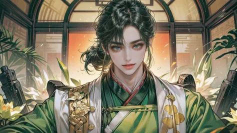 xianxia, (((best quality))),masterpiece,ultra high resolution,extraordinarily beautiful youth, a bright, villains smile,All gree...