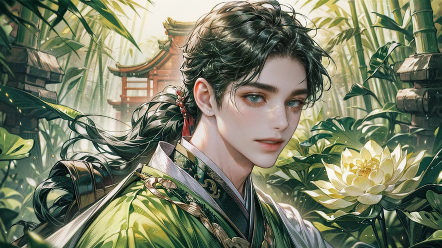 xianxia, (((best quality))),masterpiece,ultra high resolution,extraordinarily beautiful youth, a bright, villains smile,All green clothing,((boy 24 year old, green hanfu,green clothing, Chinese shirt style)) ,boy character ,((Thick black long hair)),beautiful face,detailed interior, detailed boy,((man)),(in bamboo forest), house China style, pure white lotus,beautiful and cute boy ,black eyes,((solo man)),(he has a Big eyes, charming lips, slim nose and small face),(slim figures ),ponytail and 冠, Hiogi fan,Japanese fan ,very long hair, thick hair, black hair ,eyes detailed,pony tails,