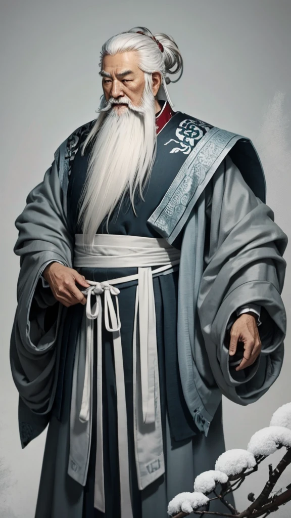 Oriental、Old man in plain white ancient Chinese costume、Ancient Chinese hairstyle old man、Highest quality、masterpiece、Ultra-high resolution、(Realistic:1.4)、Game Poster、Crisp and beautiful image quality、Gray Hair、white and long beard,,(whole body)、Dragging the hem、