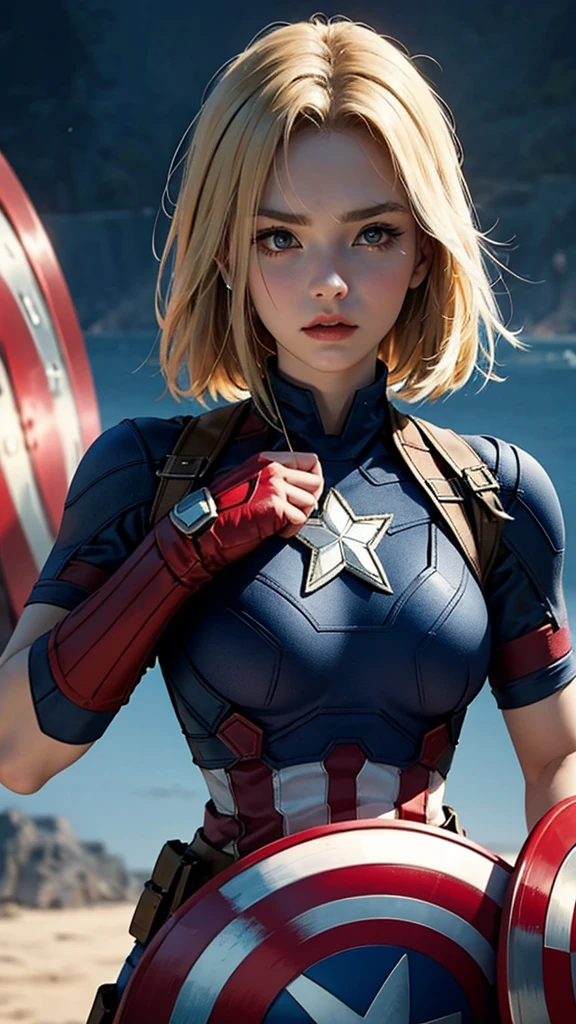 captain America、blue、woman、22 years old、woman体型、Large Breasts、Blonde、Hold your shield、Upper Body