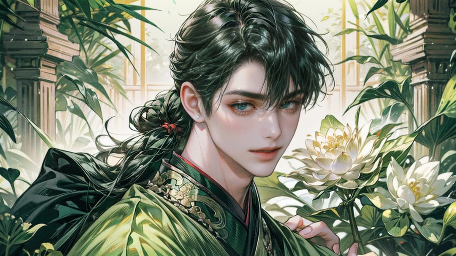 xianxia, (((best quality))),masterpiece,ultra high resolution,extraordinarily beautiful youth, a bright, villains smile,All green clothing,((boy 24 year old, green hanfu,green clothing, Chinese shirt style)) ,boy character ,((Thick black long hair)),beautiful face,detailed interior, detailed boy,((man)),(in bamboo forest), house China style, pure white lotus,beautiful and cute boy ,black eyes,((solo man)),(he has a Big eyes, charming lips, slim nose and small face),(slim figures ),ponytail and 冠, Hiogi fan,Japanese fan ,very long hair, thick hair, black hair ,eyes detailed,pony tails,