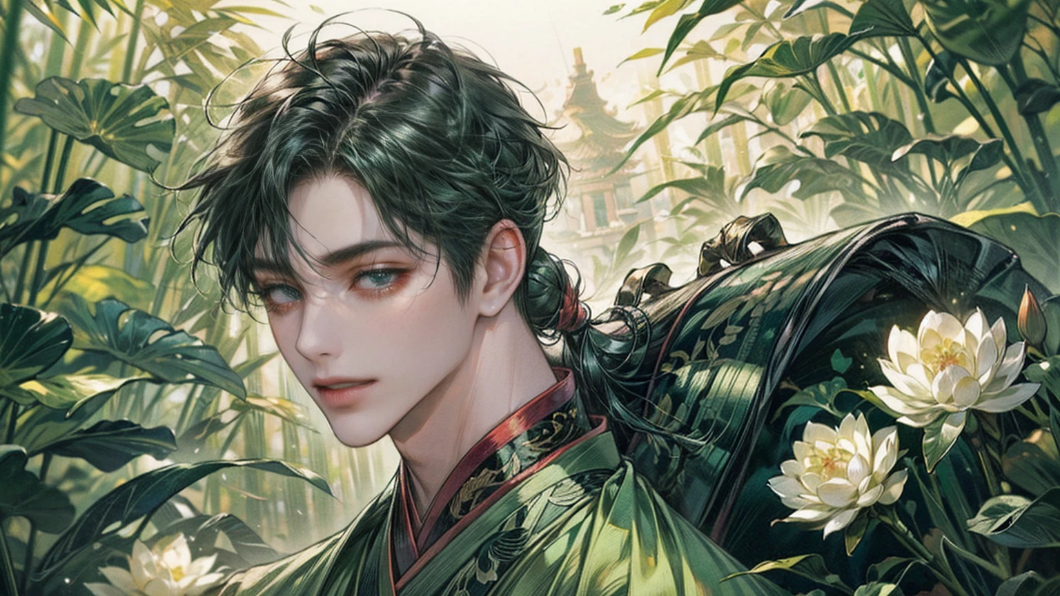 xianxia, (((best quality))),masterpiece,ultra high resolution,extraordinarily beautiful youth, a bright, villains smile,All green clothing,((boy 24 year old, green hanfu,green clothing, Chinese shirt style)) ,boy character ,((Thick black long hair)),beautiful face,detailed interior, detailed boy,((man)),(in bamboo forest), house China style, pure white lotus,beautiful and cute boy ,black eyes,((solo man)),(he has a Big eyes, charming lips, slim nose and small face),(slim figures ),ponytail and 冠, Hiogi fan,Japanese fan ,very long hair, thick hair, black hair ,eyes detailed,pony tails,