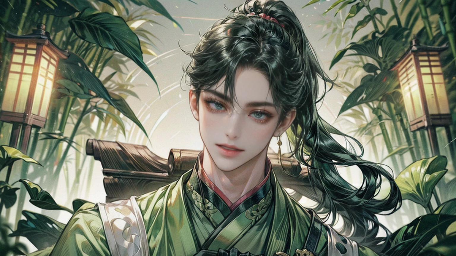 xianxia, (((best quality))),masterpiece,ultra high resolution,extraordinarily beautiful youth, a bright, villains smile,All green clothing,((boy 24 year old, green hanfu,green clothing, Chinese shirt style)) ,boy character ,((Thick black long hair)),beautiful face,detailed interior, detailed boy,((man)),(in bamboo forest), house China style, pure white lotus,beautiful and cute boy ,black eyes,((solo man)),(he has a Big eyes, charming lips, slim nose and small face),(slim figures ),ponytail and 冠, Hiogi fan,Japanese fan ,very long hair, thick hair, black hair ,eyes detailed,pony tails,