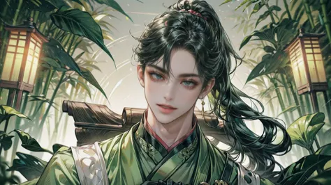 xianxia, (((best quality))),masterpiece,ultra high resolution,extraordinarily beautiful youth, a bright, villains smile,All gree...